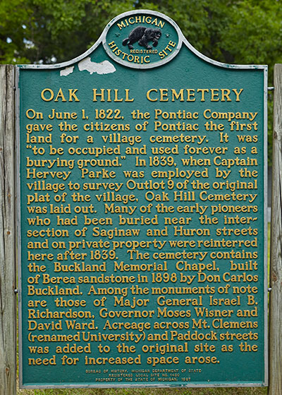 Front of Michigan Historical Marker at Oak Hill Cemetery in Pontiac, MI. Photo ©2014 Look Around You Ventures LLC.